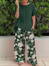 Damen Freizeit Zweiteiler mit Blumenmuster | Weite Hose – Dunkelgrün