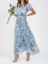 Damen Maxikleid Baumwolle Blumenmuster V-Ausschnitt Sommerlook – Blau