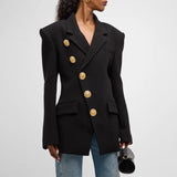 Oversized Damen Blazer mit goldenen Knöpfen – Schulterbetonter Bouclé‑Look – Schwarz
