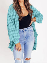 Damen nan oversized Karo-Überhemd mit Fransenbesatz, Brusttaschen und lockerer Passform Drune – Seeblau
