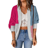 Damen nan lässige Strickjacke im Patchwork-Stil mit offener Front und 3/4-Ärmeln Drune – Magenta