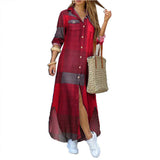 Damen nan langes Hemdkleid mit floralem Muster und seitlichem Schlitz Drune – Weinrot+Grau
