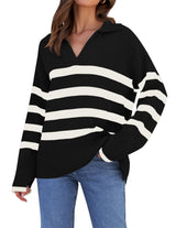 Gestreifter Strickpullover mit Kragen für Damen | Perfekt für alle Jahreszeiten – Schwarz