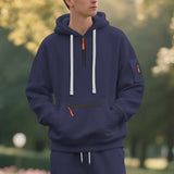 Herren nan technischer Freizeit-Hoodie mit kurzem mittigem Reißverschluss, Reißverschluss-Kängurutasche und Ärmeltasche Drune – Navyblau