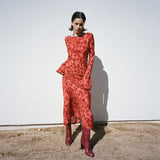 Clara - Langärmeliges rotes bedrucktes Kleid – Rot-Rosa