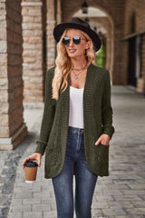 Damen nan langer gerippter Cardigan mit aufgesetzten Taschen und offener Front Drune – Olivgrün