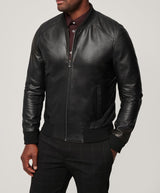 Herren elegante Lederjacke im Biker-Stil mit modischem Stehkragen Aliams – Schwarz