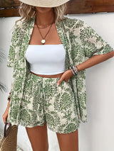 Hana | Damen Kimono-Set Shorts Blumenmuster Sommer – Grün