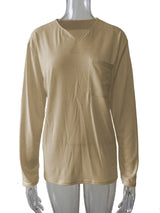 Damen nan legeres Langarmshirt mit V-Notch-Ausschnitt, Brusttasche und lockerer Oversize-Passform Drune – Khaki mit Tasche, Langarm
