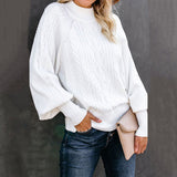 Damen nan Zopfmuster-Strickpullover mit Rollkragen und Ballonärmeln Drune – Weiß