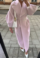 Eleganter langer Damen Trenchcoat – Reverskragen & Laternenärmel – Modern – Rosa