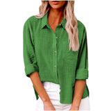 Damen nan oversized Leinen-Baumwollmix Hemdbluse mit Brusttasche und krempelbaren Ärmeln Drune – Grasgrün