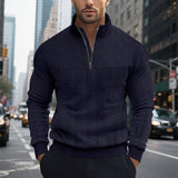Herren nan Zopfmuster-Halbzip-Pullover mit Stehkragen, strukturierter Passe und geripptem Saum Drune – Navyblau