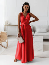 Desaria - Damen Abendkleid V-Ausschnitt Maxi Kleid Dunkelgrün für Hochzeitsgast – Rot