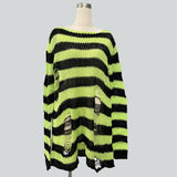 Damen nan Oversized Grobstrickpullover mit breiten Blockstreifen und aufgerissenem Design Drune – Langer Schnitt Neongrün