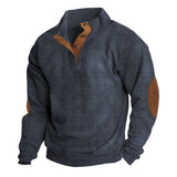 Herren nan grober Rippstrick-Pullover mit Stehkragen, Knopfleiste und markanten Ellenbogenpatches Drune – Blau