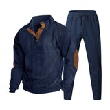 Herren nan strukturiertes Strick-Loungewear-Set mit halber Knopfleiste, kontrastreichen Ellbogenpatches und elastischem Tunnelzug-Jogger Drune – Navyblau