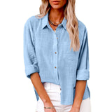 Damen nan oversized Leinen-Baumwollmix Hemdbluse mit Brusttasche und krempelbaren Ärmeln Drune – Himmelblau