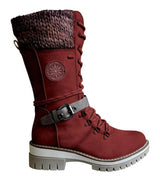 Damen nan gefütterte Schnürstiefel mit gestricktem Schaftbund, dekorativem Schnallenriemen und profilierter Gummisohle Drune – Rot