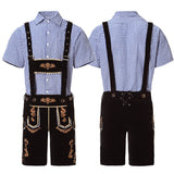 Herren nan traditionelle kurze Trachtenlederhose mit aufwendiger Stickerei und verstellbaren Trägern Drune – Blau kariertes Oberteil + schwarz-goldene Hose