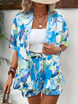 Hana | Damen Kimono-Set Shorts Blumenmuster Sommer – Hellblau