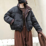 Venus | Kurze Daunenjacke Mit Karofutter – Schwarz