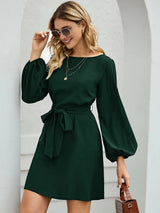 Damen nan elegantes Etuikleid mit Ballonärmeln und Taillengürtel Drune – Dunkelgrün