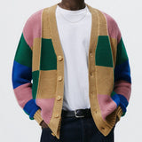 Herren gestreifter Strickcardigan mit bunten Farbblock-Design Aliams – Gelb