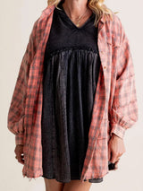Damen nan oversized Karo-Überhemd mit Fransenbesatz, Brusttaschen und lockerer Passform Drune – Rosa