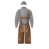Herren nan traditionelle Trachtenlederhose mit bestickten Hosenträgern, kariertem Trachtenhemd und Filzhut Drune – 82346【Schwarzes Oberteil + braune Latzhose + graue Mütze】