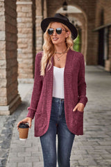 Damen nan langer gerippter Cardigan mit aufgesetzten Taschen und offener Front Drune – Weinrot