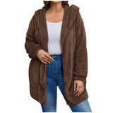 Damen nan kuschelige Teddy-Fleece Kapuzenjacke mit großen Eingrifftaschen und entspannter Silhouette Drune – Braun