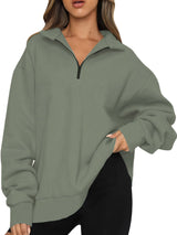 Damen nan Oversized Sweatshirt mit Kurzreißverschluss, Stehkragen und Kängurutasche Drune – Hellgrau