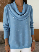 Damen nan fein gestrickter Pullover mit Wasserfallkragen und geripptem Saum Drune – Himmelblau Glitzer