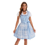 Damen nan traditionelles kurzes Dirndl mit Spitzenapron, Herzausschnitt, Puffärmeln und Schnürung Drune – 753870 Blau (Oberteil+Rock+Schürze+Schleife)