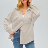 Damen nan oversized Waffelstrick Hemdjacke mit Brusttaschen und Knopfleiste Drune – Cremeweiß
