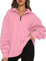 Damen nan Oversized Sweatshirt mit Kurzreißverschluss, Stehkragen und Kängurutasche Drune – Rosa