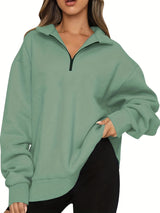 Damen nan Oversized Sweatshirt mit Kurzreißverschluss, Stehkragen und Kängurutasche Drune – Hellgrün