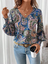 Bedruckte Damenbluse mit V-Ausschnitt - Stylisches & bequemes Shirt mit Laternenärmeln – Blau