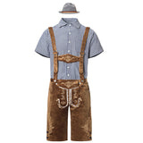 Herren nan traditionelle Trachtenlederhose mit bestickten Hosenträgern, kariertem Trachtenhemd und Filzhut Drune – 82353【Schwarzes Oberteil + braune Latzhose + graue Mütze】
