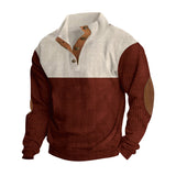 Herren nan grober Rippstrick-Pullover mit Stehkragen, Knopfleiste und markanten Ellenbogenpatches Drune – Apricot + Rot