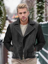 Herren Bikerjacke mit zwei Materialien und praktischen Taschen Aliams – Grau