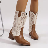 Damen nan Cowboystiefel im Westernstil mit mittelhohem Blockabsatz spitzer Zehenkappe und dekorativer Stickerei Drune – Hellbraun