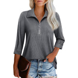 Damen nan lässige Bluse mit Reißverschlusskragen dreiviertelärmel und ausgestelltem Saum Drune – Grau