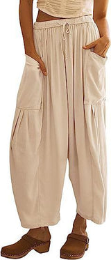 Damen nan weite Palazzohose aus leichtem Leinenmix mit Tunnelzug und seitlicher Tasche Drune – Apricot