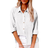 Damen nan oversized Leinen-Baumwollmix Hemdbluse mit Brusttasche und krempelbaren Ärmeln Drune – Weiß