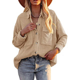 Damen nan lässige Strick-Shacket mit Cordstruktur Hemdkragen und aufgesetzten Brusttaschen Drune – Khaki