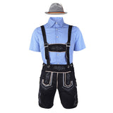 Herren nan traditionelle Trachtenlederhose mit bestickten Hosenträgern, kariertem Trachtenhemd und Filzhut Drune – 82352【Blaues Oberteil + schwarze Latzhose + graue Mütze】