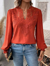 Damen nan Spitzenapplikation V-Ausschnitt Bluse mit Strukturpunkt, gerafften Manschetten und leicht taillierter Silhouette Drune – Rot