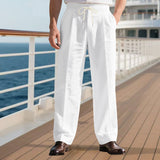 Herren nan elegante Leinenhose mit Bügelfalte Tunnelzugbund und weitem Bein Drune – Weiß